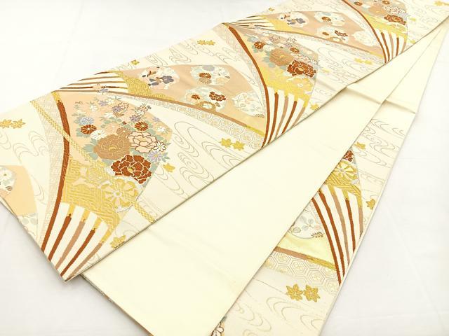 平和屋着物◎六通柄袋帯 唐織 扇面花車文 金銀糸 正絹 逸品 BAAT9842hj