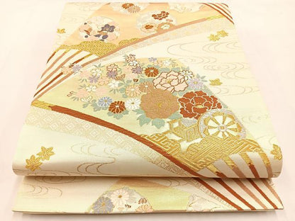 平和屋着物◎六通柄袋帯 唐織 扇面花車文 金銀糸 正絹 逸品 BAAT9842hj