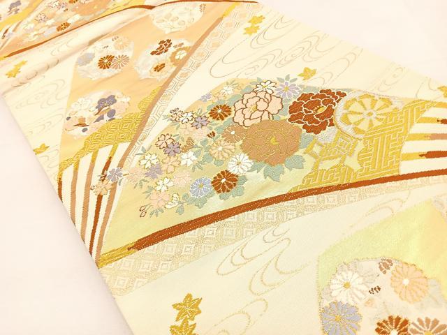 平和屋着物◎六通柄袋帯 唐織 扇面花車文 金銀糸 正絹 逸品 BAAT9842hj