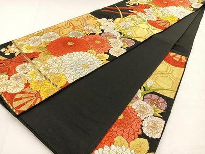 平和屋着物◎六通柄袋帯 唐織 花車文 黒地 金銀糸 正絹 逸品 BAAT9854hj