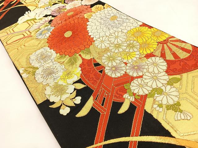 平和屋着物◎六通柄袋帯 唐織 花車文 黒地 金銀糸 正絹 逸品 BAAT9854hj