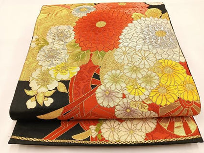 平和屋着物◎六通柄袋帯 唐織 花車文 黒地 金銀糸 正絹 逸品 BAAT9854hj