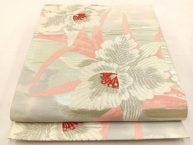 平和屋着物◎六通柄袋帯　唐織　カトレア　銀糸　正絹　逸品　BAAT9873hj