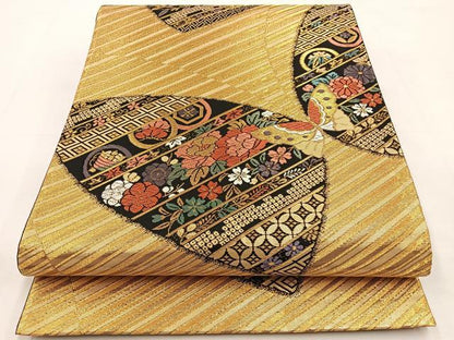 平和屋着物◎六通柄袋帯　唐織　花蝶文　金糸　正絹　逸品　BAAT9876hj