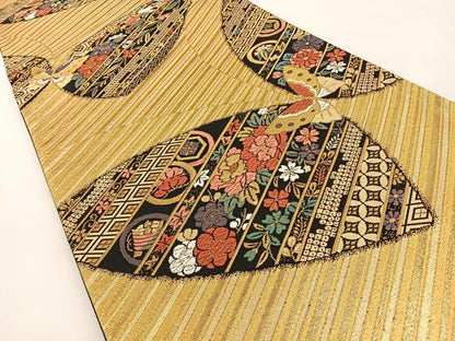 平和屋着物◎六通柄袋帯　唐織　花蝶文　金糸　正絹　逸品　BAAT9876hj