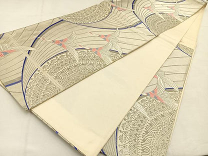 平和屋着物◎六通柄袋帯　唐織　飛鶴文　銀糸　正絹　逸品　BAAT9951yc