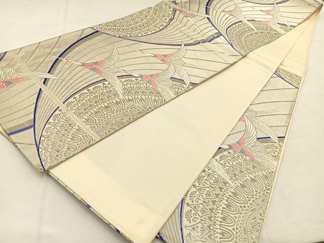 平和屋着物◎六通柄袋帯　唐織　飛鶴文　銀糸　正絹　逸品　BAAT9951yc