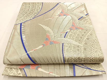 平和屋着物◎六通柄袋帯　唐織　飛鶴文　銀糸　正絹　逸品　BAAT9951yc