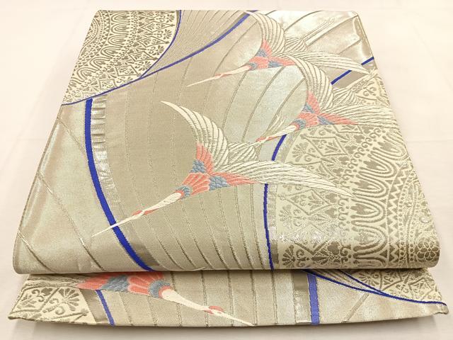 平和屋着物◎六通柄袋帯　唐織　飛鶴文　銀糸　正絹　逸品　BAAT9951yc