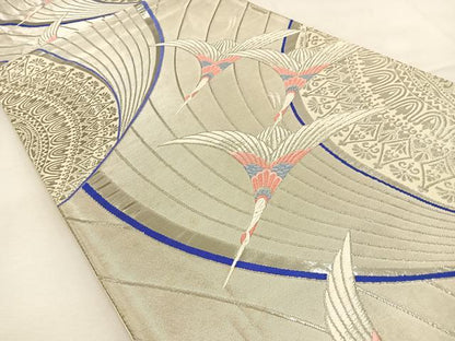 平和屋着物◎六通柄袋帯　唐織　飛鶴文　銀糸　正絹　逸品　BAAT9951yc