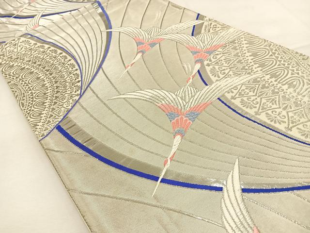 平和屋着物◎六通柄袋帯　唐織　飛鶴文　銀糸　正絹　逸品　BAAT9951yc