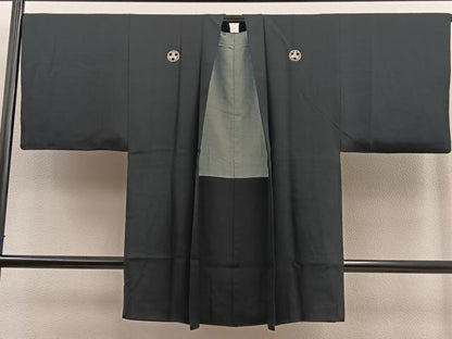 平和屋着物∞男性　長羽織　黒紋付　羽裏：動物丸文　正絹　逸品　BAAU0022gt