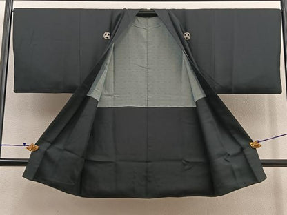 平和屋着物∞男性　長羽織　黒紋付　羽裏：動物丸文　正絹　逸品　BAAU0022gt