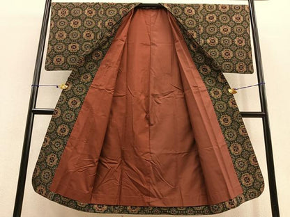 平和屋着物∞道中着　ロング丈　紬地　花尽くし　正絹　逸品　BAAU0058gt