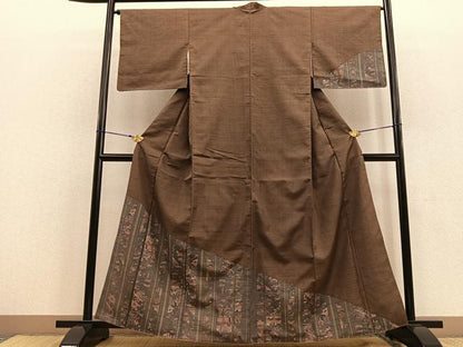 平和屋着物●訪問着　紬地　型染め　吉祥風景間道　正絹　逸品　BAAU0187gt