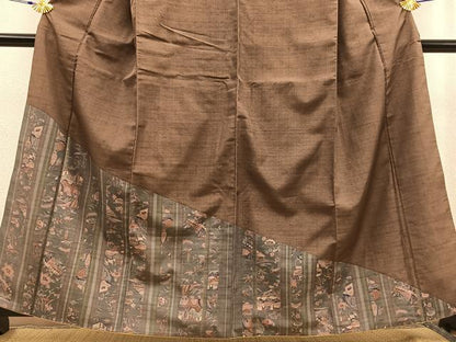 平和屋着物●訪問着　紬地　型染め　吉祥風景間道　正絹　逸品　BAAU0187gt