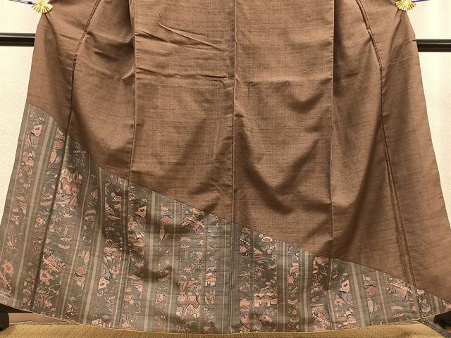 平和屋着物●訪問着　紬地　型染め　吉祥風景間道　正絹　逸品　BAAU0187gt