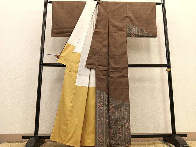 平和屋着物●訪問着　紬地　型染め　吉祥風景間道　正絹　逸品　BAAU0187gt