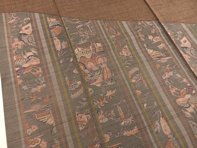 平和屋着物●訪問着　紬地　型染め　吉祥風景間道　正絹　逸品　BAAU0187gt