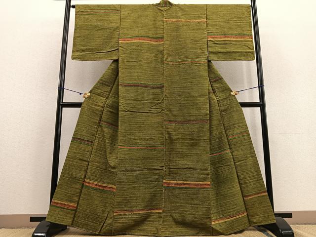 平和屋着物●訪問着 紬地 横段文 正絹 逸品 未使用 BAAU0194gt