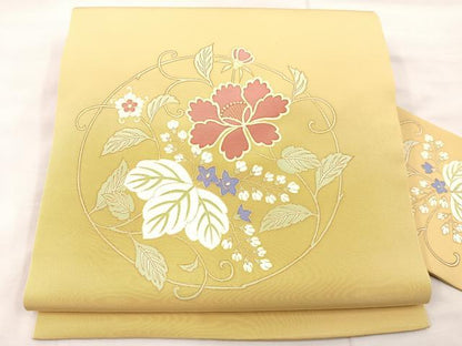 平和屋着物●塩瀬 九寸名古屋帯 駒刺繍 草花丸文 金糸 正絹 逸品 未使用 BAAU0352mz