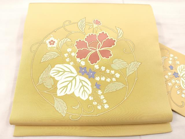 平和屋着物●塩瀬 九寸名古屋帯 駒刺繍 草花丸文 金糸 正絹 逸品 未使用 BAAU0352mz