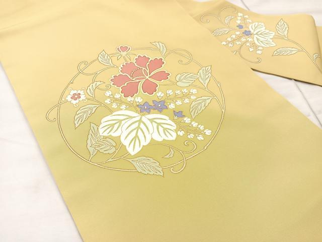 平和屋着物●塩瀬 九寸名古屋帯 駒刺繍 草花丸文 金糸 正絹 逸品 未使用 BAAU0352mz