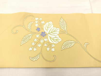 平和屋着物●塩瀬 九寸名古屋帯 駒刺繍 草花丸文 金糸 正絹 逸品 未使用 BAAU0352mz