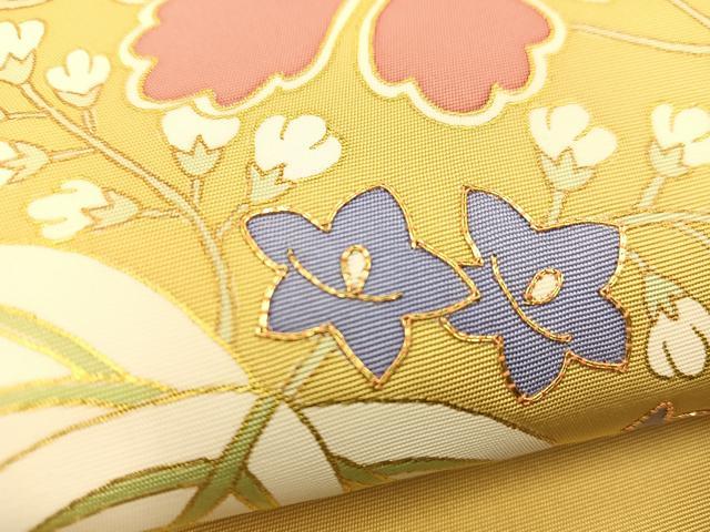 平和屋着物●塩瀬 九寸名古屋帯 駒刺繍 草花丸文 金糸 正絹 逸品 未使用 BAAU0352mz
