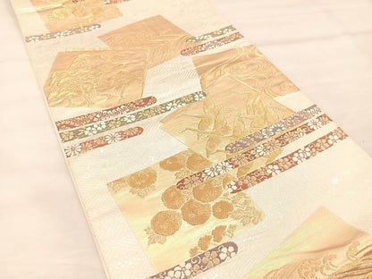 平和屋着物◎六通柄袋帯 色紙重ね飛鶴花文 銀糸 正絹 逸品 BAAU0372mz