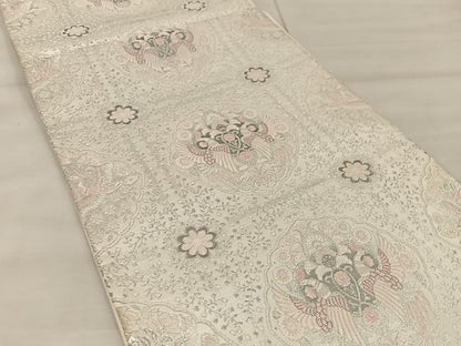 平和屋着物◎六通柄袋帯 唐織 鳳凰花文 銀糸 正絹 逸品 BAAU0404mz