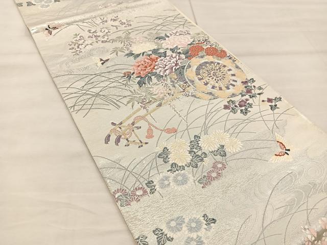 平和屋着物◎六通柄袋帯 唐織 九百錦 舞蝶花車文 金糸 正絹 逸品 BAAU0427mz