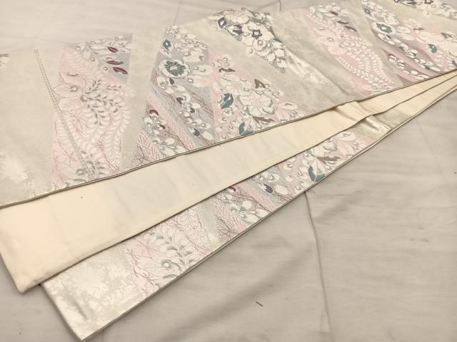 平和屋着物◎六通柄袋帯 草花文 銀糸 正絹 逸品 BAAU0430mz