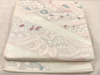 平和屋着物◎六通柄袋帯 草花文 銀糸 正絹 逸品 BAAU0430mz