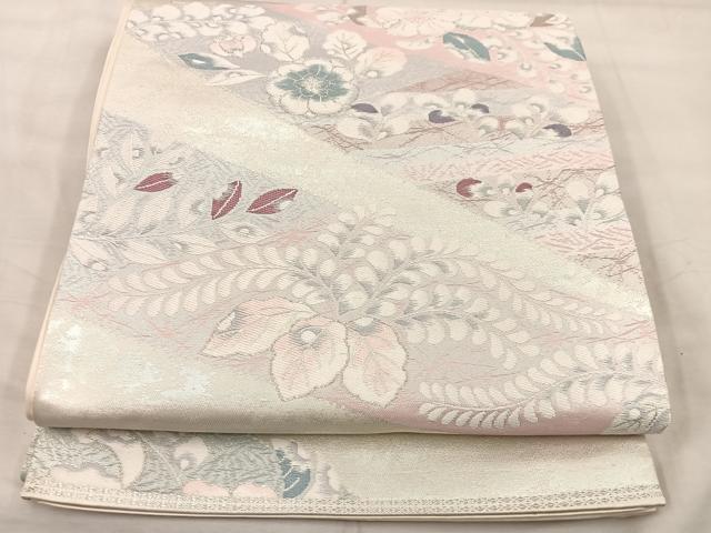 平和屋着物◎六通柄袋帯 草花文 銀糸 正絹 逸品 BAAU0430mz
