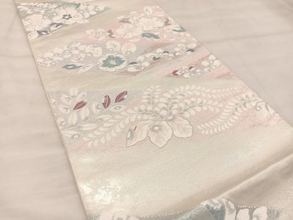 平和屋着物◎六通柄袋帯 草花文 銀糸 正絹 逸品 BAAU0430mz