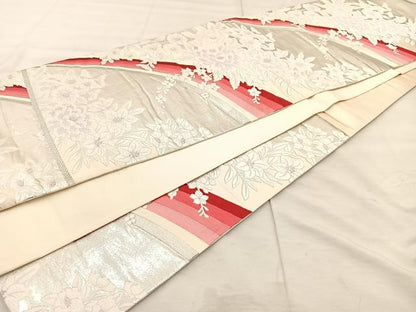 平和屋着物◎六通柄袋帯　唐織　草花文　銀糸　正絹　逸品　BAAU0459mz