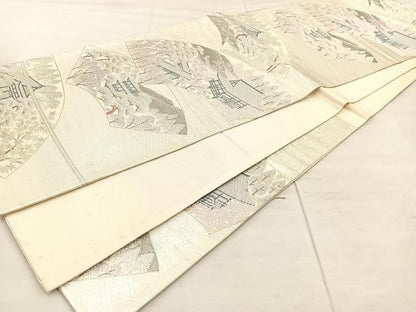 平和屋着物◎六通柄袋帯 唐織 プラチナ純銀箔二重織 地紙重ね風景文 正絹 逸品 BAAU0472mz