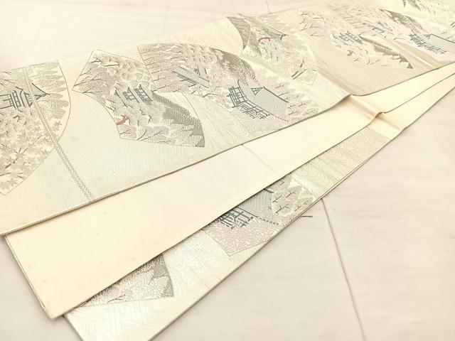 平和屋着物◎六通柄袋帯 唐織 プラチナ純銀箔二重織 地紙重ね風景文 正絹 逸品 BAAU0472mz