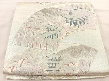 平和屋着物◎六通柄袋帯 唐織 プラチナ純銀箔二重織 地紙重ね風景文 正絹 逸品 BAAU0472mz