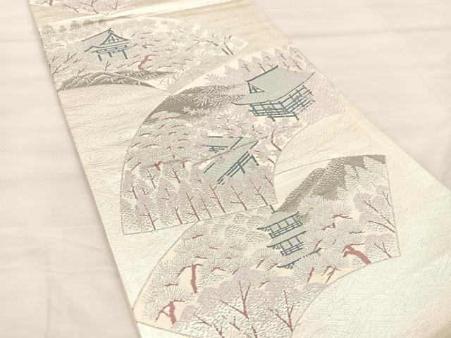 平和屋着物◎六通柄袋帯 唐織 プラチナ純銀箔二重織 地紙重ね風景文 正絹 逸品 BAAU0472mz