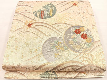 平和屋着物◎六通柄袋帯 唐織 立波花蝶丸文 金銀糸 正絹 逸品 BAAU0474mz