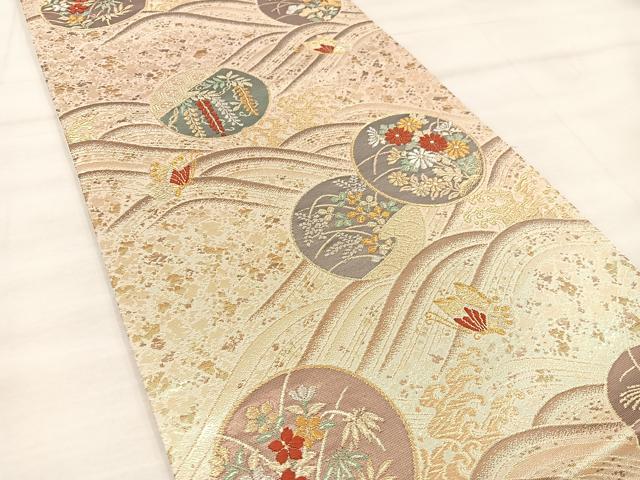 平和屋着物◎六通柄袋帯 唐織 立波花蝶丸文 金銀糸 正絹 逸品 BAAU0474mz