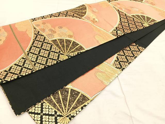 平和屋着物◎六通柄袋帯 唐織 扇面花文 黒地 金糸 正絹 逸品 BAAU0480mz