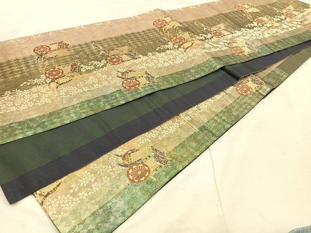 平和屋着物◎六通柄袋帯　唐織　御所車花文　金糸　正絹　逸品　BAAU0482mz