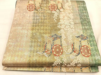 平和屋着物◎六通柄袋帯　唐織　御所車花文　金糸　正絹　逸品　BAAU0482mz