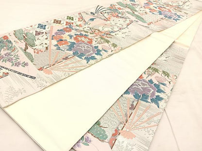 平和屋着物◎六通柄袋帯 唐織 扇面花鳥文 銀糸 正絹 逸品 BAAU0641mz