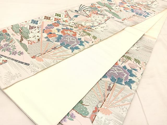平和屋着物◎六通柄袋帯 唐織 扇面花鳥文 銀糸 正絹 逸品 BAAU0641mz