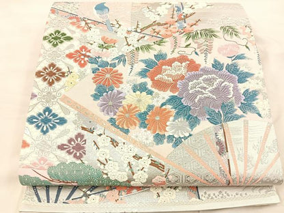平和屋着物◎六通柄袋帯 唐織 扇面花鳥文 銀糸 正絹 逸品 BAAU0641mz
