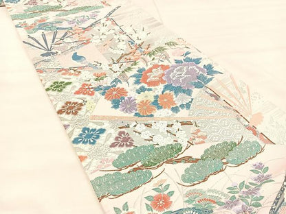 平和屋着物◎六通柄袋帯 唐織 扇面花鳥文 銀糸 正絹 逸品 BAAU0641mz